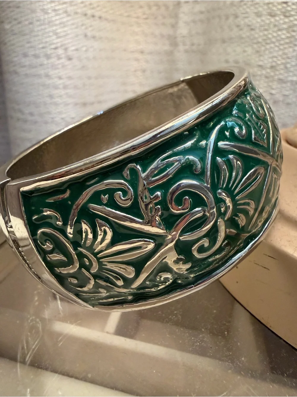 Green Embossed Enamel Floral Cuff Bracelet